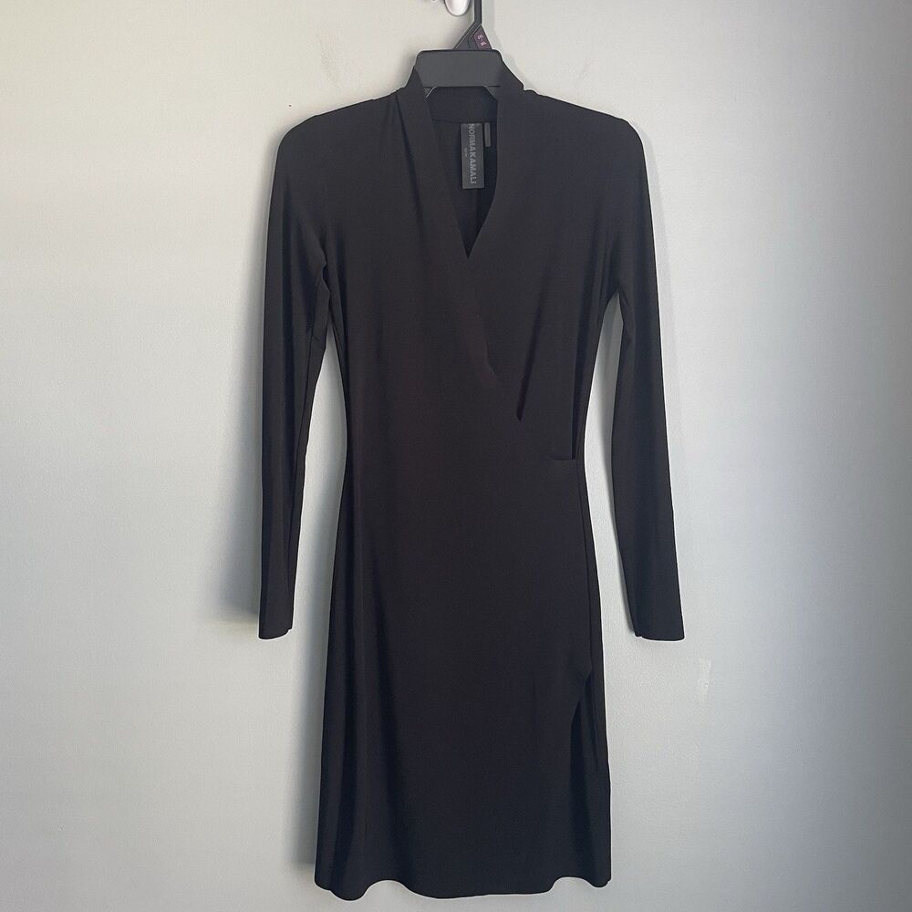 Norma Kamali Long Sleeve Dress Size XS Black V Neck Side Slit Quiet Luxury